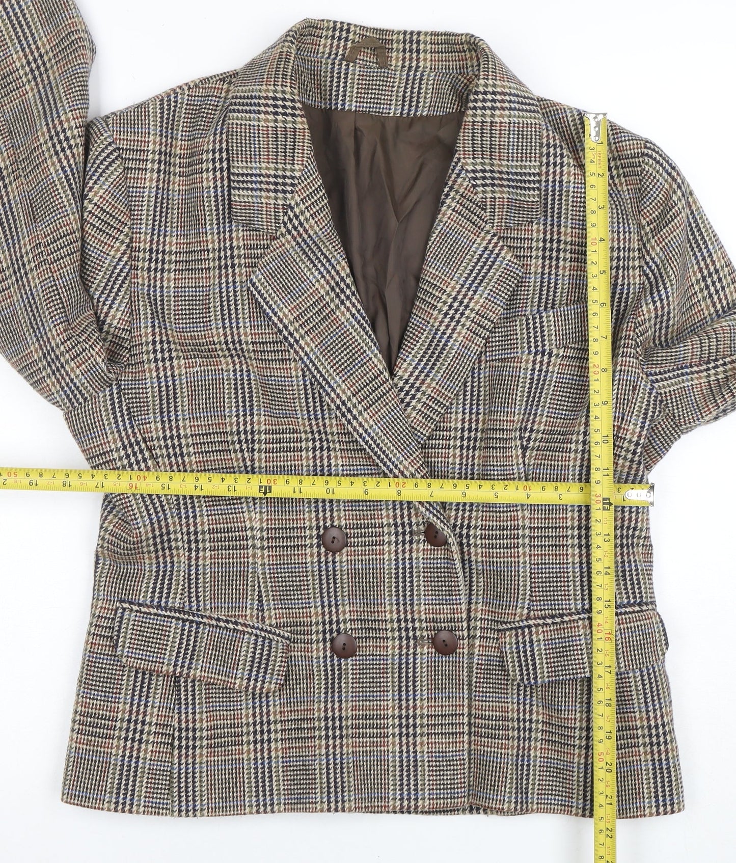 C&A Women's Brown Checked Wool Blend Double-Breasted Blazer Size 14