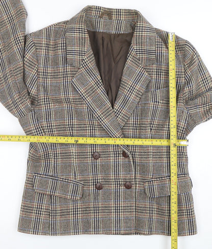 Back view of C&A Women's Brown Checked Wool Blend Double-Breasted Blazer, size 14