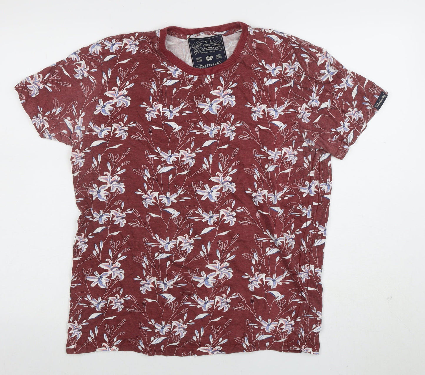 Tokyo Laundry Men's Red Floral Crew Neck Cotton Blend T-Shirt Size M