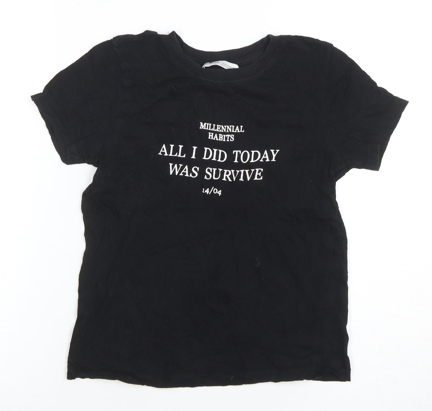Pull&Bear Women's Black XS Basic Cotton Quote T-Shirt