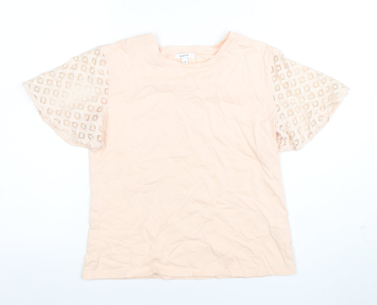 Maette Women's Beige Crochet Sleeve Cotton Blend T-Shirt Size S