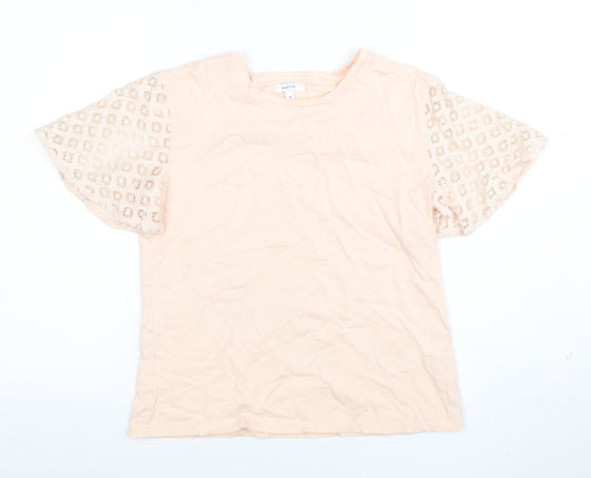 Maette Women's Beige Crochet Sleeve Cotton Blend T-Shirt Size S