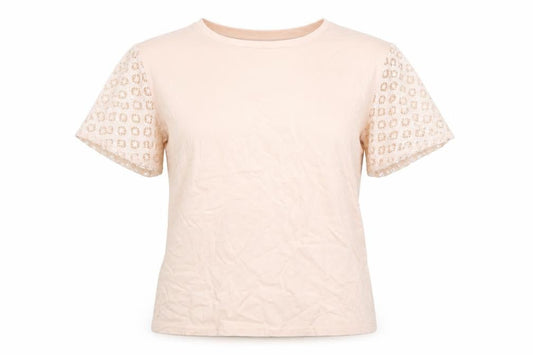 Maette Women's Beige Crochet Sleeve Cotton Blend T-Shirt Size S