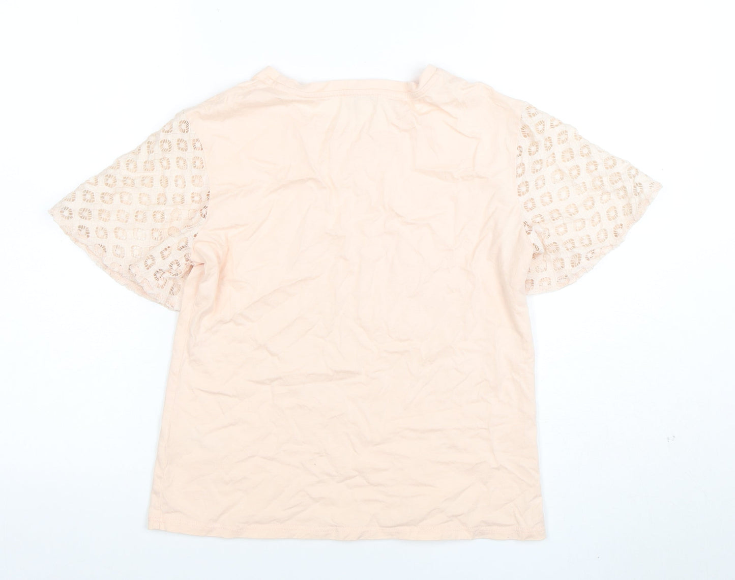 Maette Women's Beige Crochet Sleeve Cotton Blend T-Shirt Size S