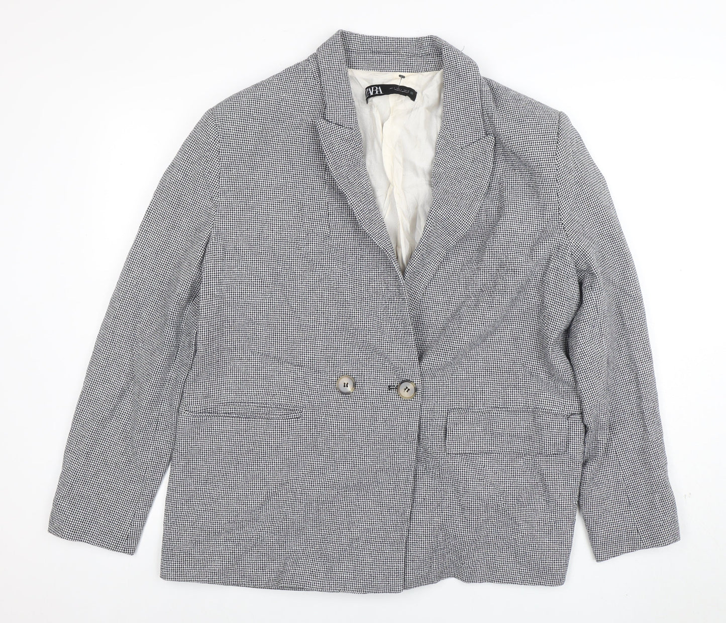 Zara Women Grey Houndstooth Double-Breasted Blazer Size 14
