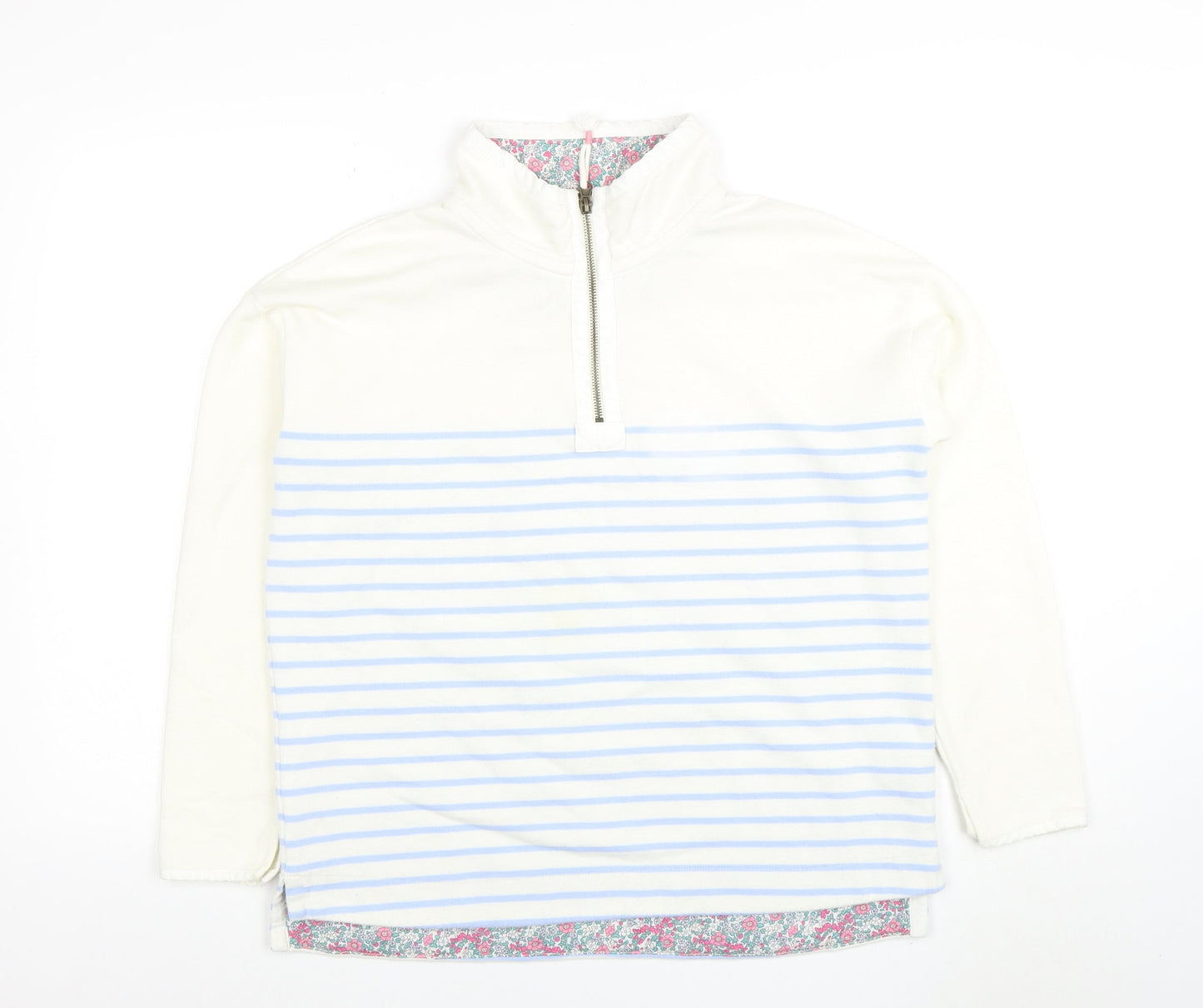 Joules Women White Blue Striped 1/2 Zip Sweatshirt UK 12 Cotton Fleece