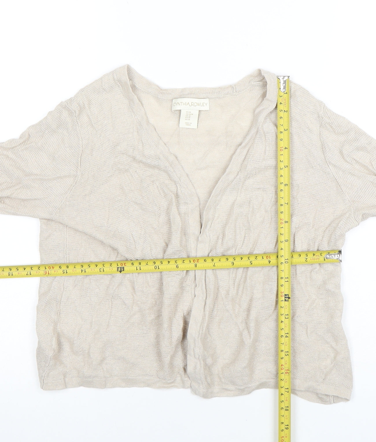 Cynthia Rowley Women Beige Linen Knit V-Neck Long Sleeve Top M