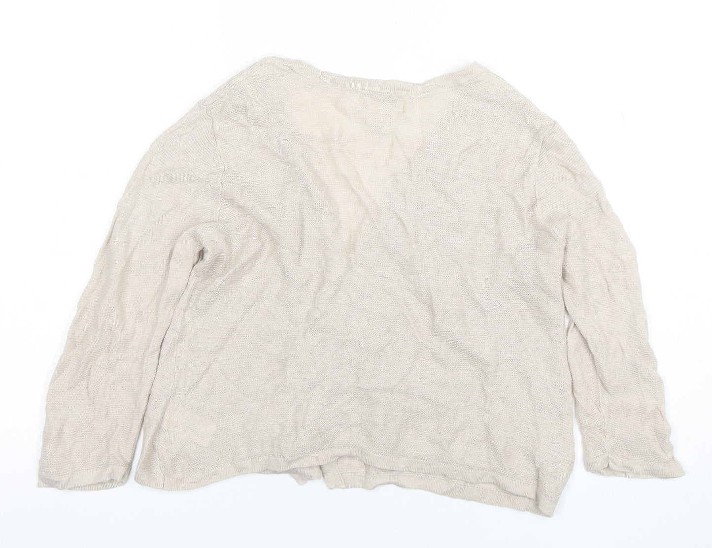 Cynthia Rowley Women Beige Linen Knit V-Neck Long Sleeve Top M