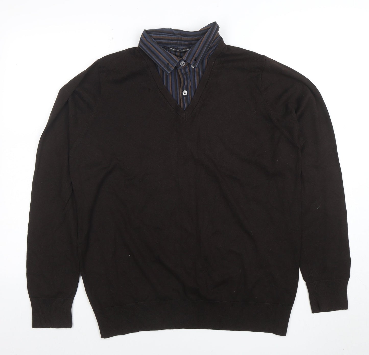 Marks and Spencer Men's Brown V-Neck Long Sleeve Polo Jumper Medium