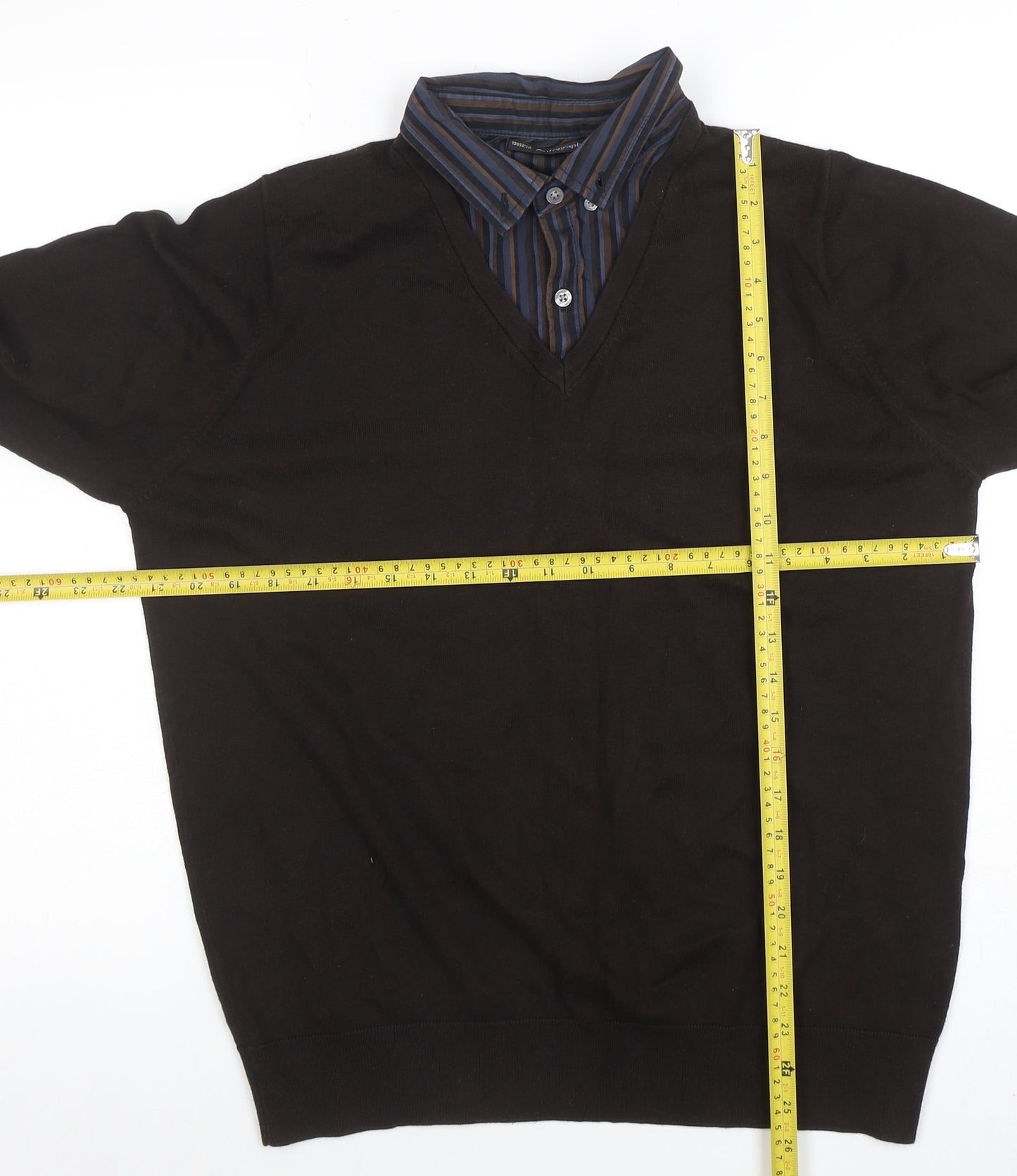 Marks and Spencer Men's Brown V-Neck Long Sleeve Polo Jumper Medium