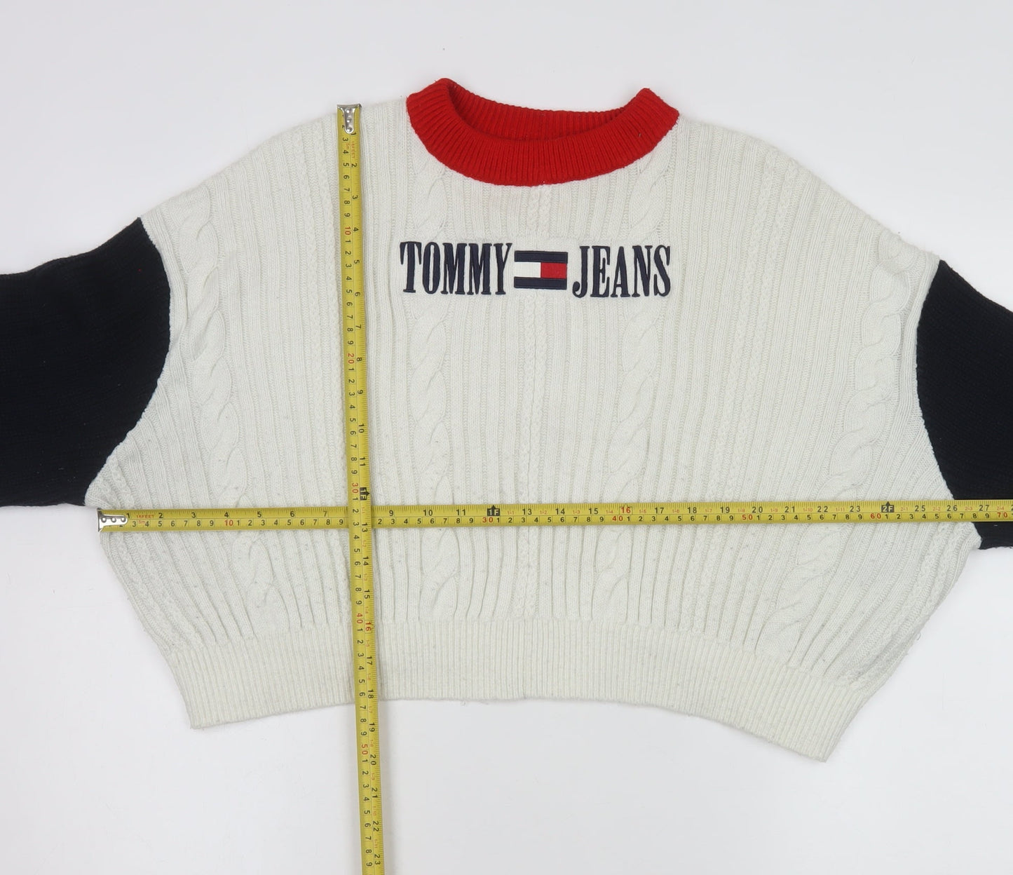 Tommy Jeans Women’s White Cable-Knit Crew Neck Logo Jumper XL