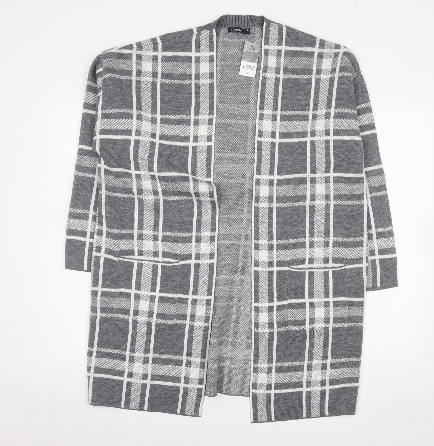Bonmarché Women’s Grey Check Longline Cardigan Size 16