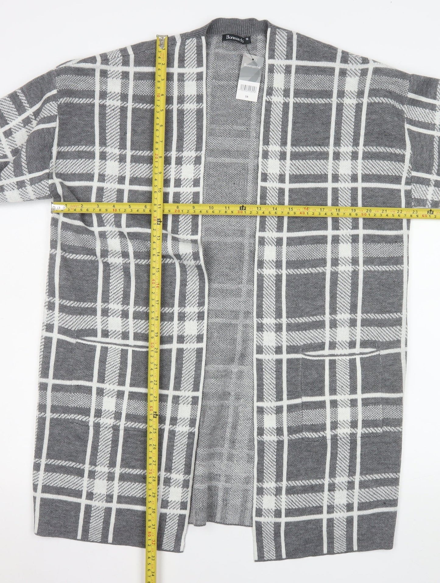 Bonmarché Women’s Grey Check Longline Cardigan Size 16