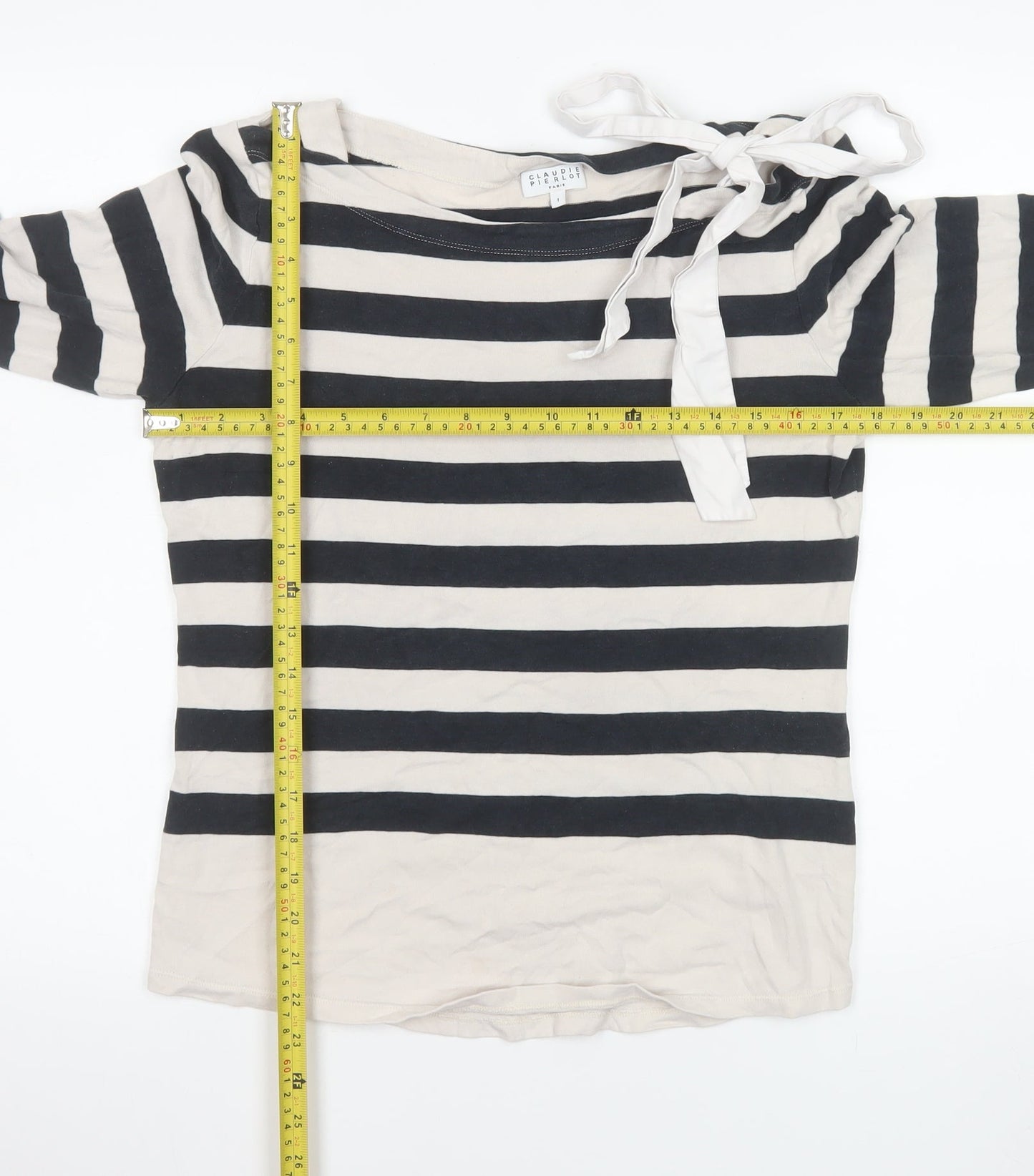 Claudie Pierlot Women’s Black White Striped Long Sleeve Bow Top Size 10