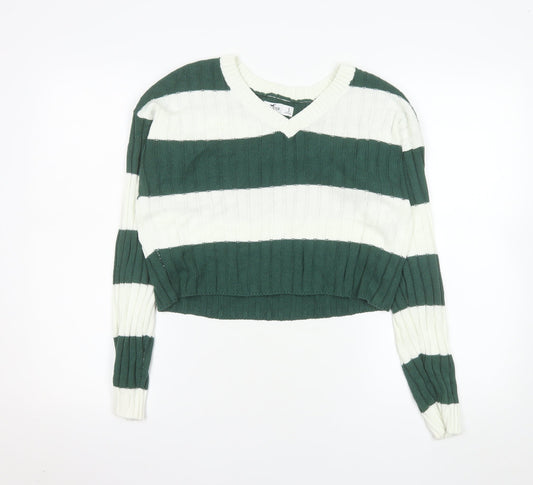 Hollister Women's Green White Striped Knit V-Neck Jumper Size S