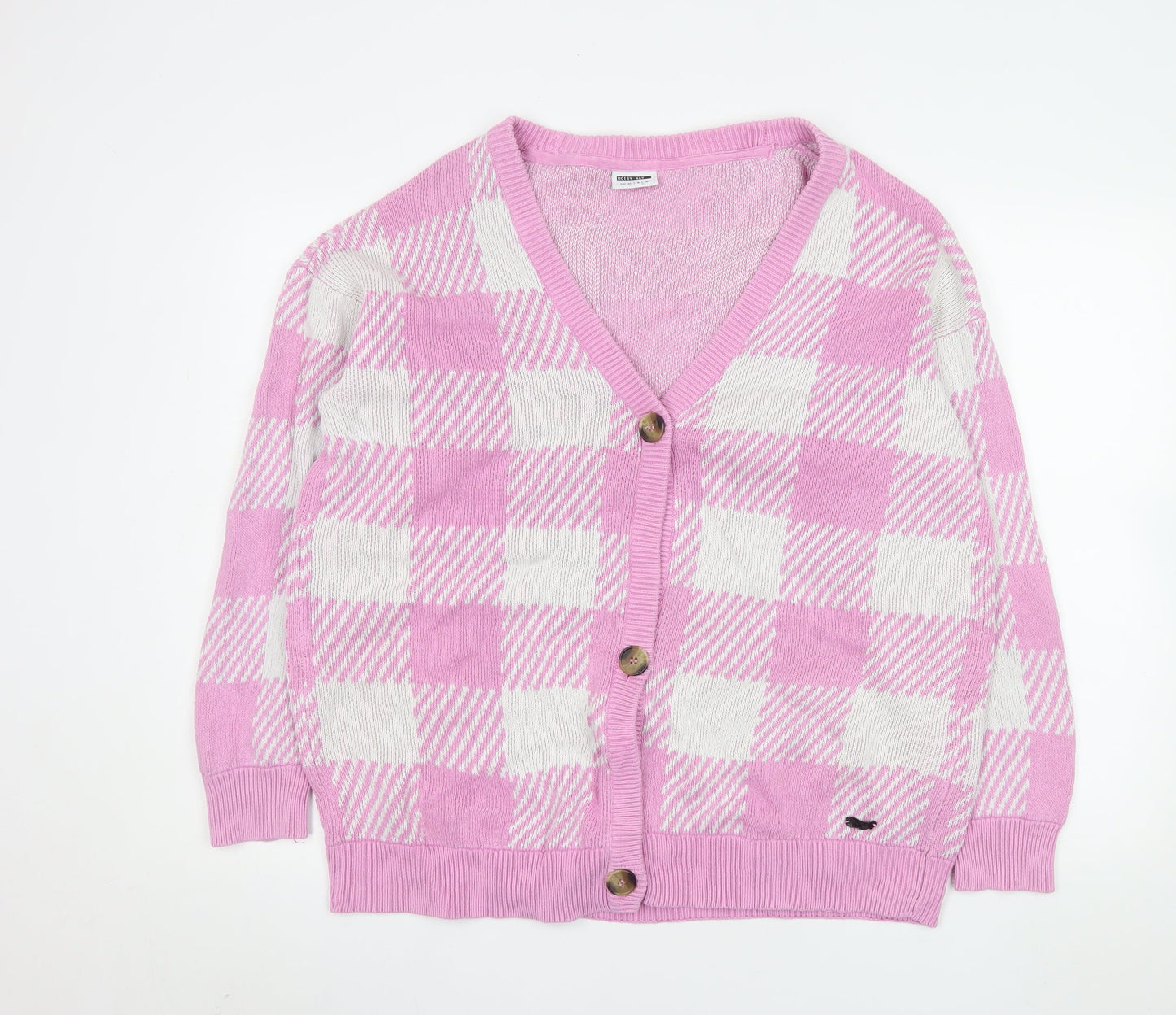 Noisy May Women Pink Check Knit Cardigan L Cotton V-Neck Classic