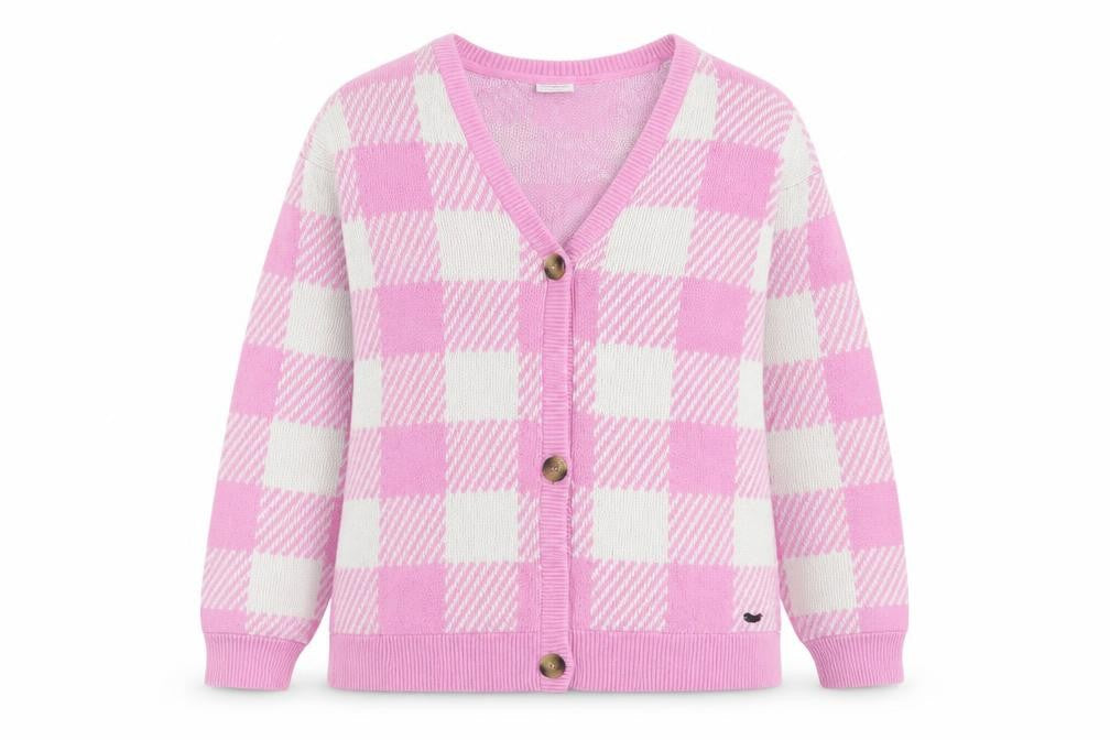 Noisy May Women Pink Check Knit Cardigan L Cotton V-Neck Classic