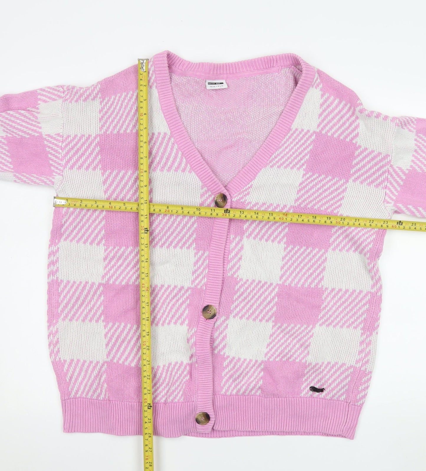 Noisy May Women Pink Check Knit Cardigan L Cotton V-Neck Classic
