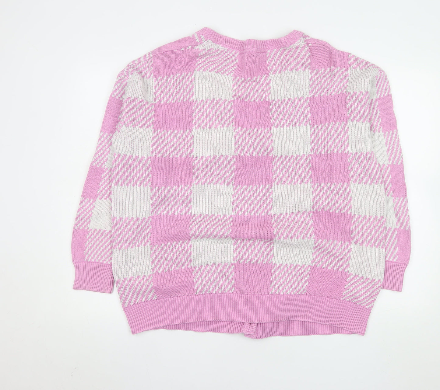 Noisy May Women Pink Check Knit Cardigan L Cotton V-Neck Classic