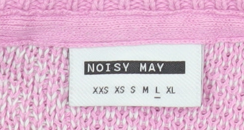Noisy May Women Pink Check Knit Cardigan L Cotton V-Neck Classic
