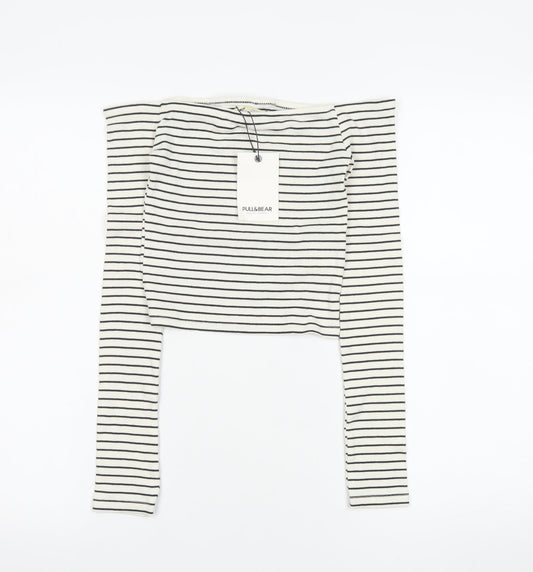 Pull&Bear Women's White Striped Cropped Off Shoulder Top Size 8