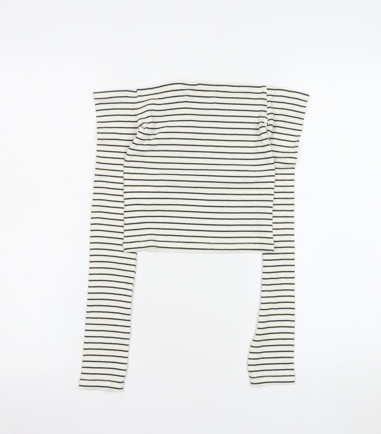 Pull&Bear Women's White Striped Cropped Off Shoulder Top Size 8