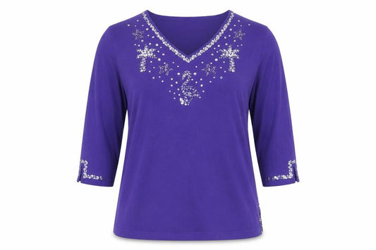 Quacker Factory Women's Purple Sequin 3/4 Sleeve Cotton Top XL