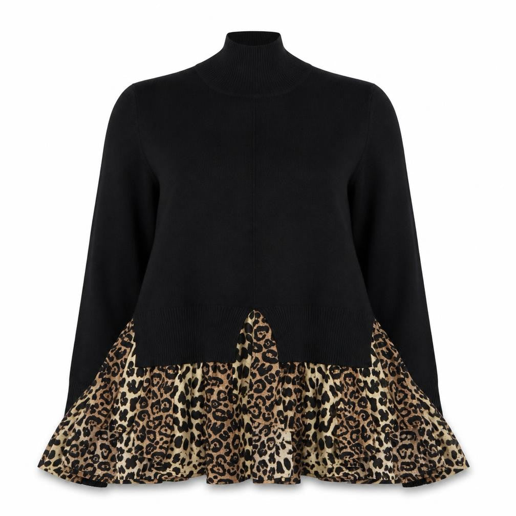 QED London Women’s Black Leopard Tunic Roll Neck Long Sleeve Blouse M