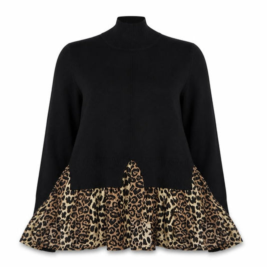 QED London Women’s Black Leopard Tunic Roll Neck Long Sleeve Blouse M