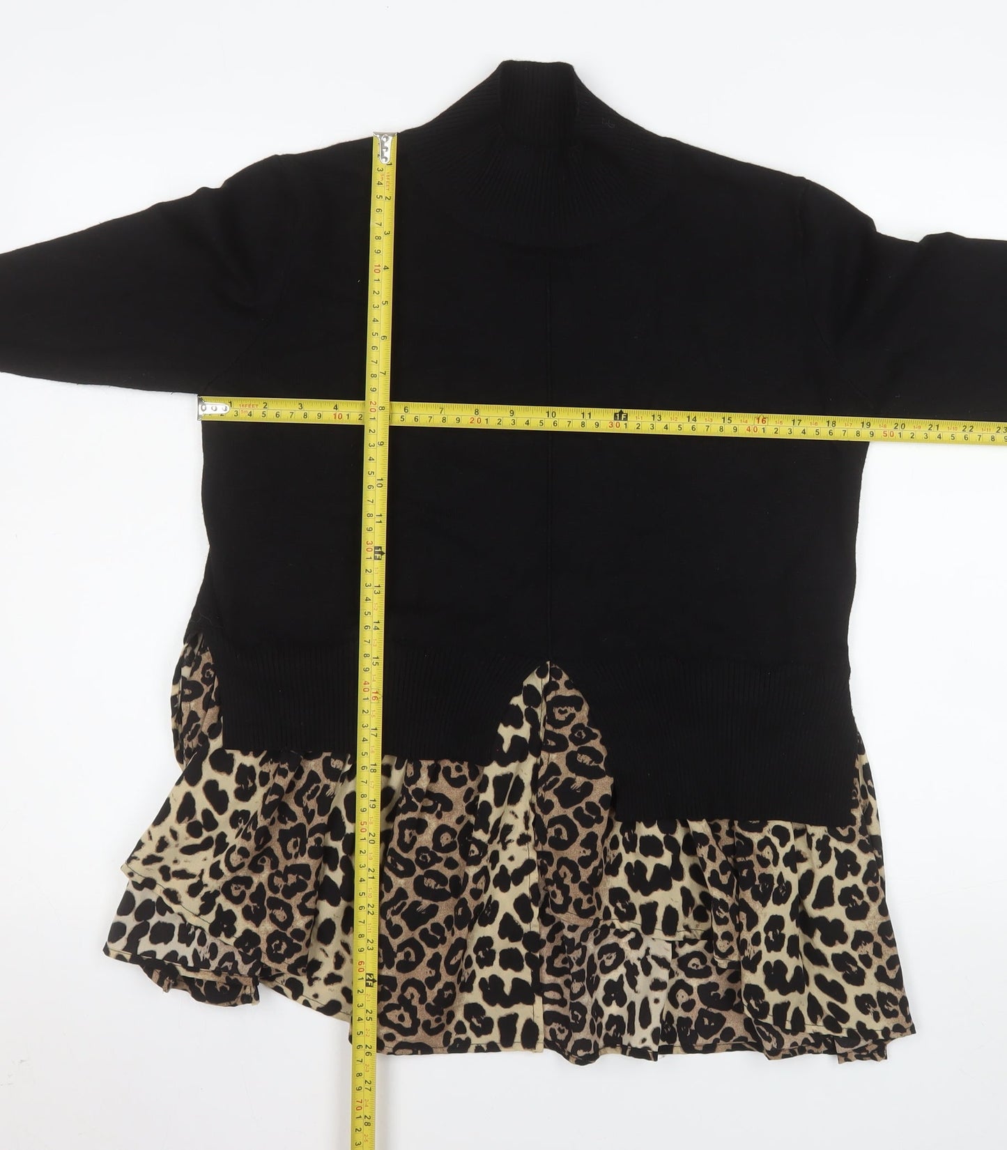 QED London Women’s Black Leopard Tunic Roll Neck Long Sleeve Blouse M