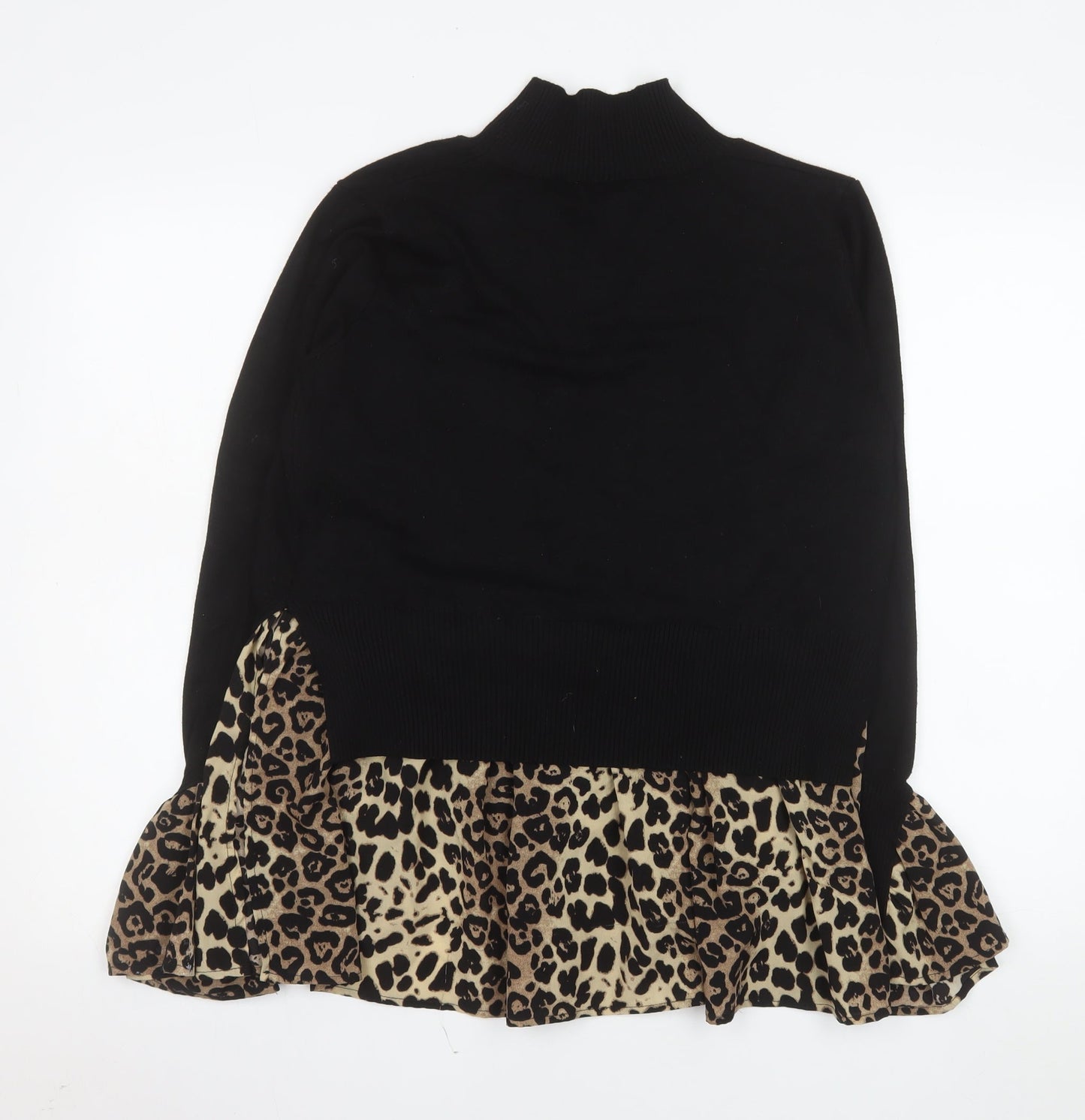 QED London Women’s Black Leopard Tunic Roll Neck Long Sleeve Blouse M