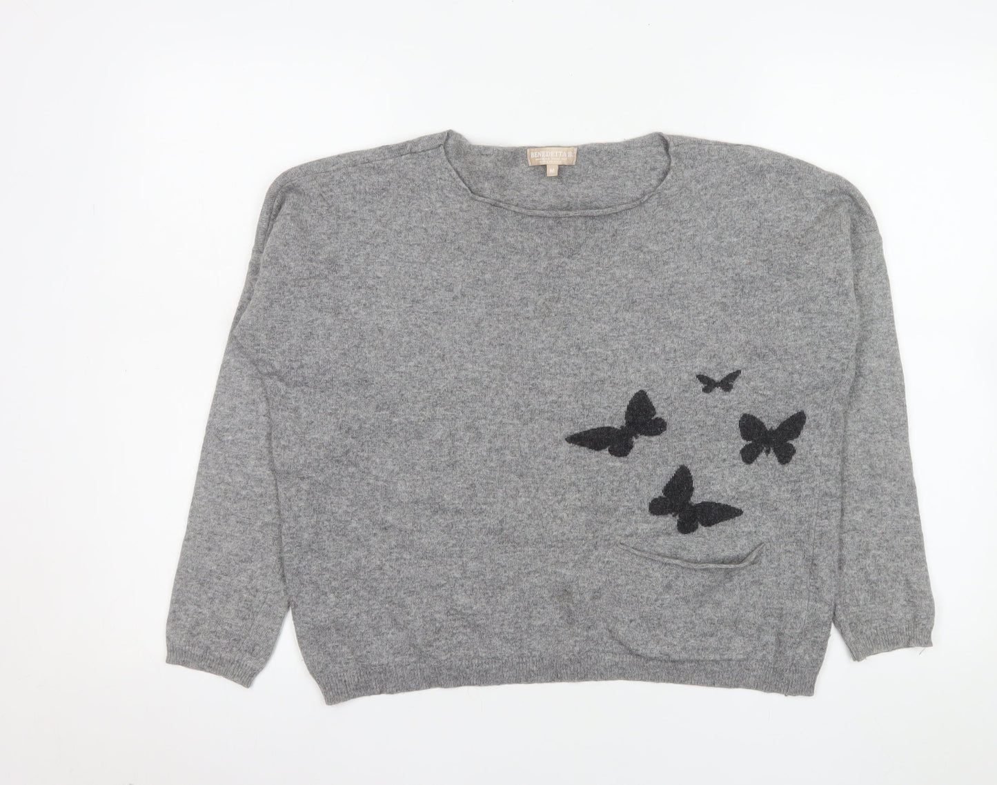 Benedetta B. Women Grey Medium Merino Wool Pullover Jumper with Butterfly Design
