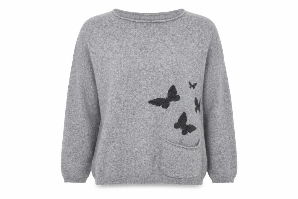 Benedetta B. Women Grey Medium Merino Wool Pullover Jumper with Butterfly Design