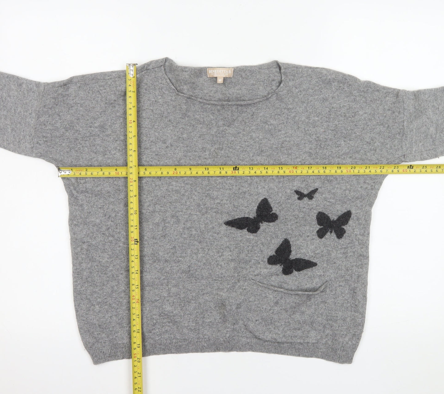 Benedetta B. Women Grey Medium Merino Wool Pullover Jumper with Butterfly Design