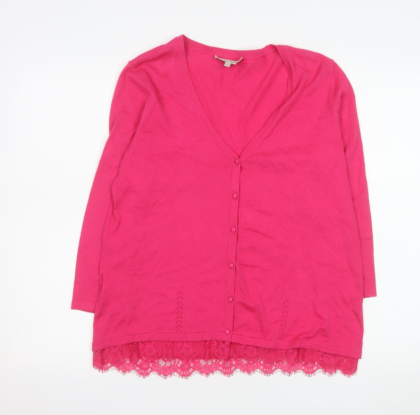 Laura Ashley Women’s Pink Cotton Cashmere Lace Trim Cardigan UK 16