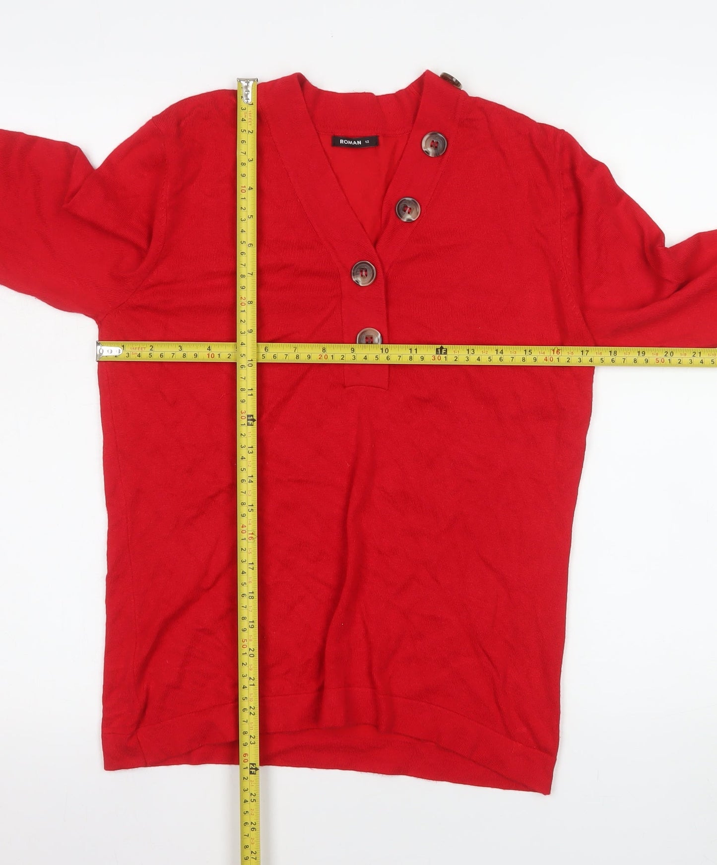 Roman Women Red V-Neck Button Long Sleeve Knit Blouse Size 12