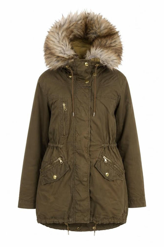 Front view of Zara Woman Brown Faux Fur Trim Parka Coat XS Long Hooded Winter Jacket
