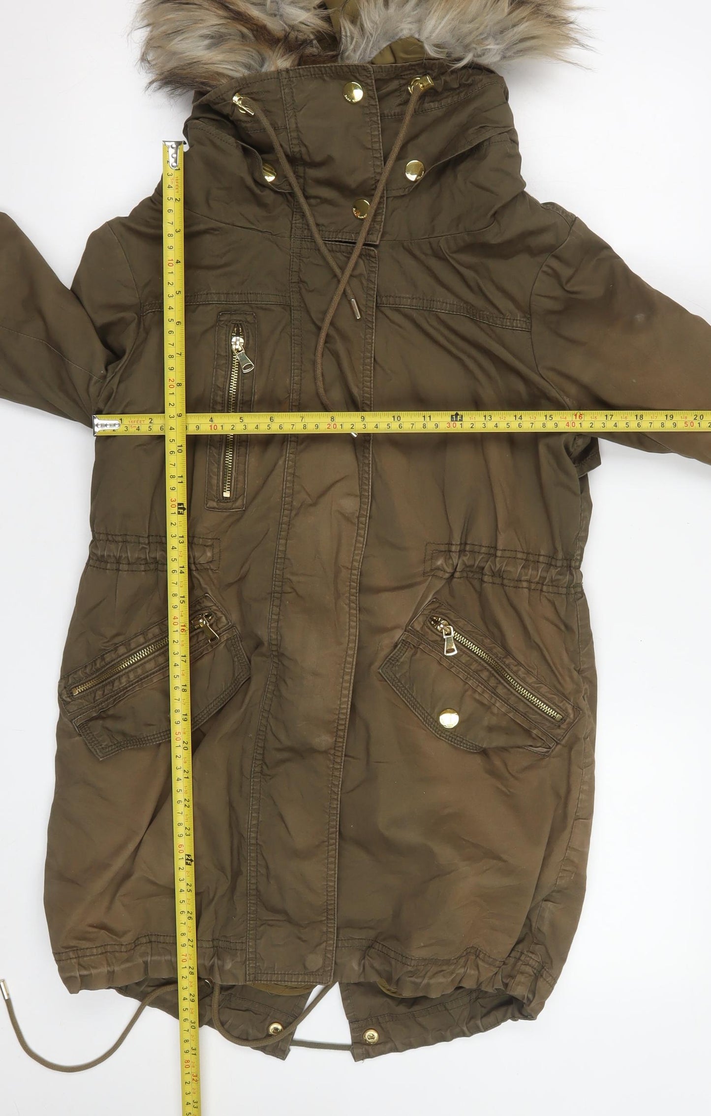 Zara Woman Brown Faux Fur Trim Parka Coat XS Long Hooded Winter Jacket