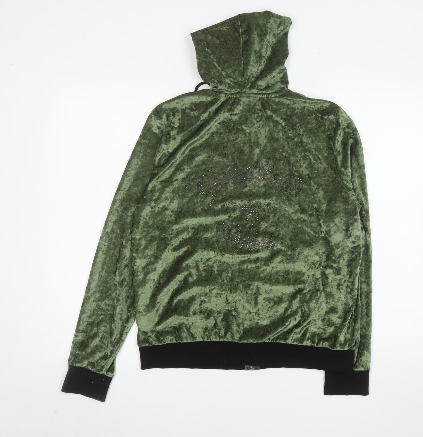 River Island Womens Green Velvet Hooded Bomber Jacket Size M