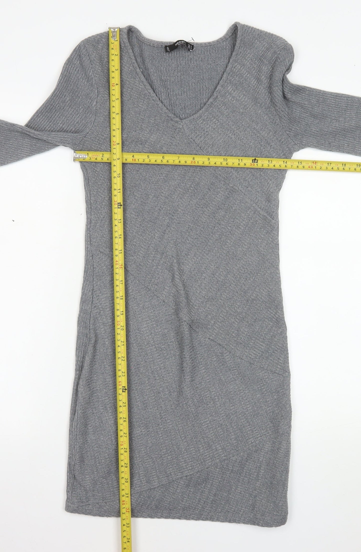 Mango Women Grey V-Neck Knit Bodycon Dress Size 12
