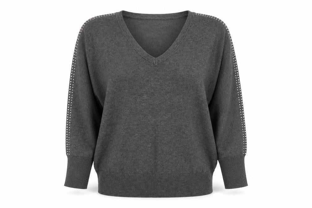 Monsoon Women's Grey Studded V-Neck Knit Jumper Size M