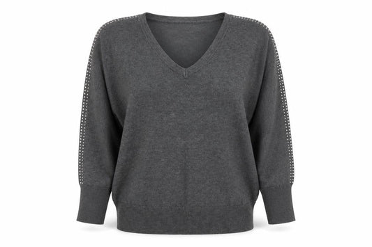 Monsoon Women's Grey Studded V-Neck Knit Jumper Size M