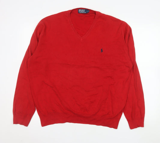 Ralph Lauren Men's Red V-Neck Cotton Jumper XL Classic Fit