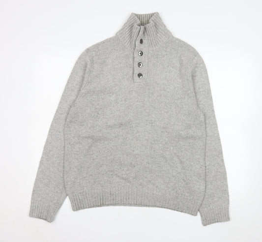 Lands' End Men's Grey Wool Blend High Neck Henley Jumper M