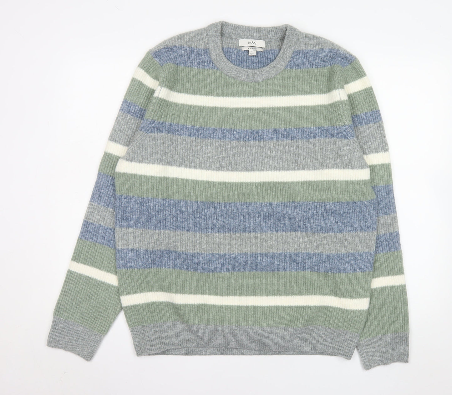 Marks and Spencer Men's Multicoloured Stripe Wool Blend Jumper L