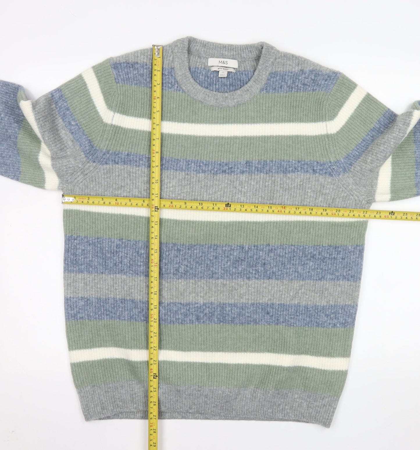 Marks and Spencer Men's Multicoloured Stripe Wool Blend Jumper L