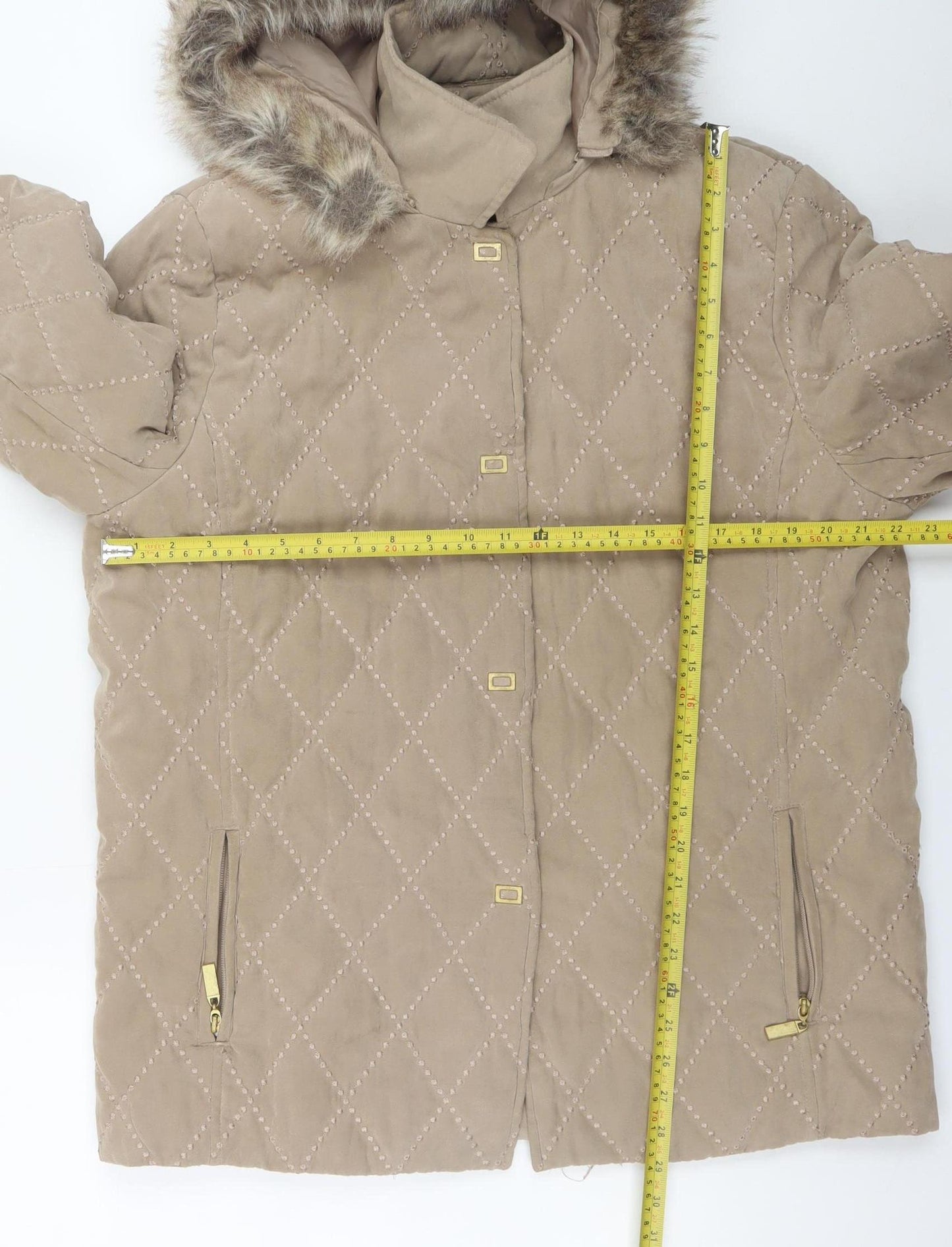 E Womens Beige Quilted Mid-Length Hooded Coat UK 12