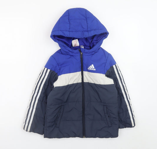 Adidas Boys Blue Colourblock Hooded Puffer Jacket 5-6 Years