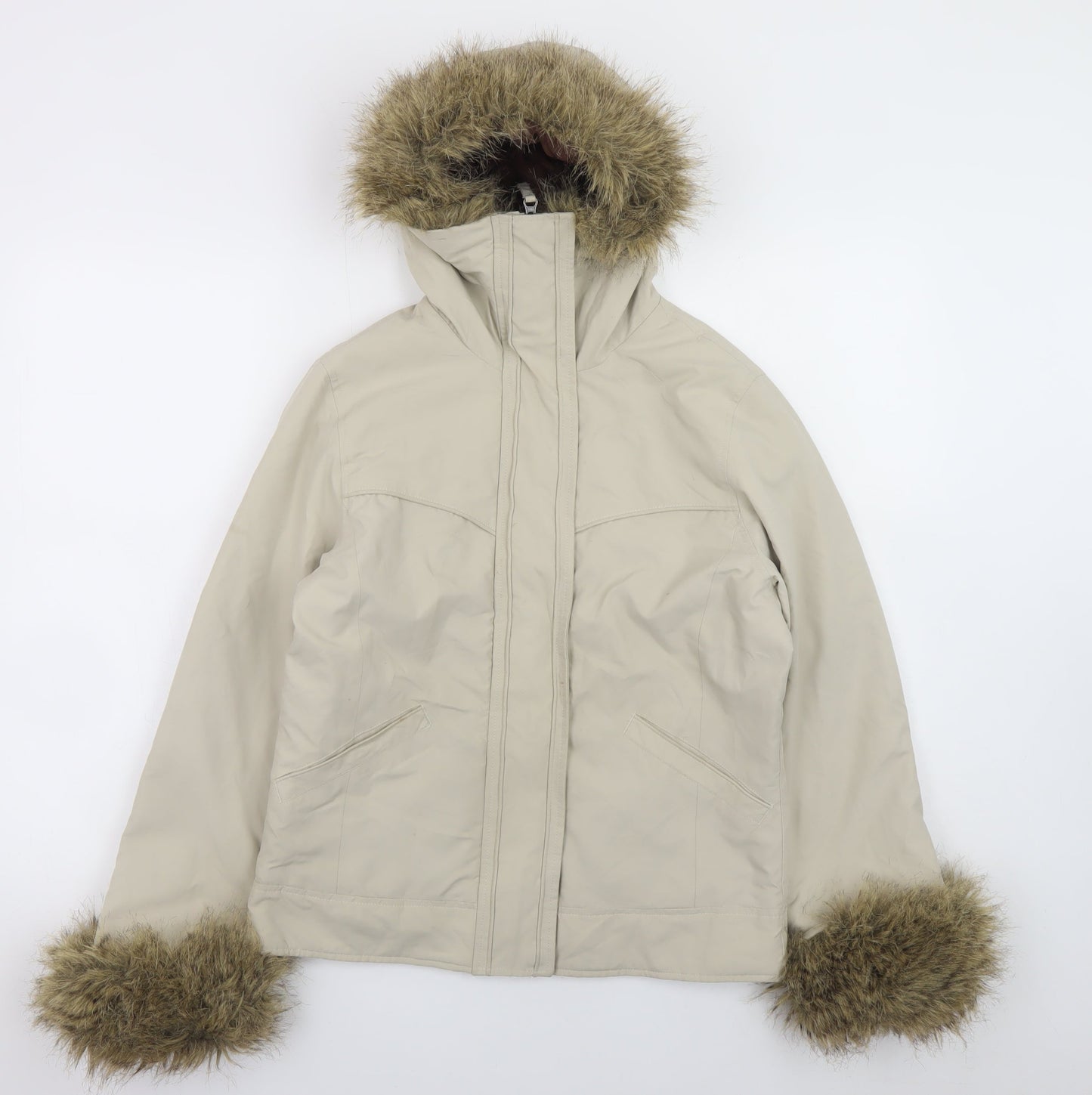 Denim Co Women Beige Faux Fur Trim Hooded Winter Parka Jacket Size 10