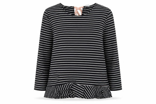 Front view of Jacqueline de Yong women’s black striped bow tunic blouse, size UK 12